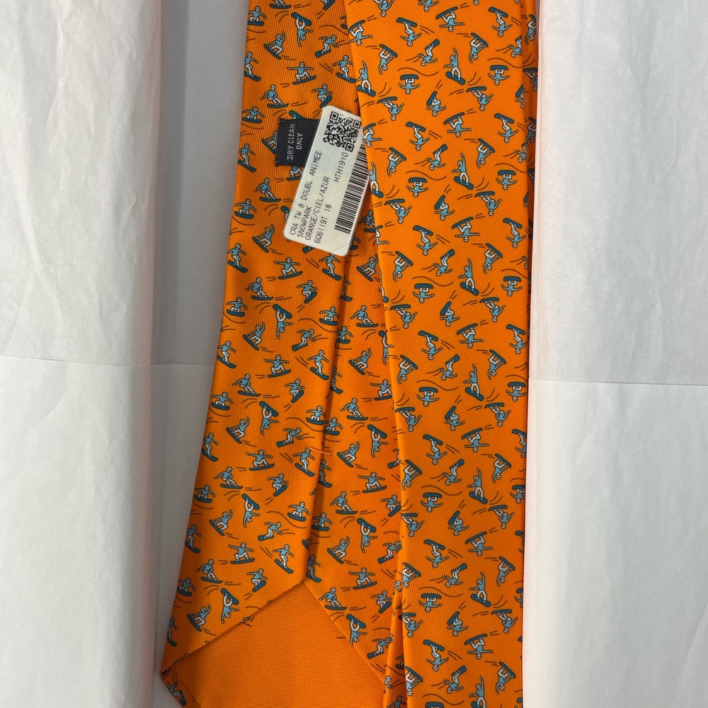 Hermes 100% Silk Men's Tie Orange “Snowpark” skateboard pattern 606119 FA
